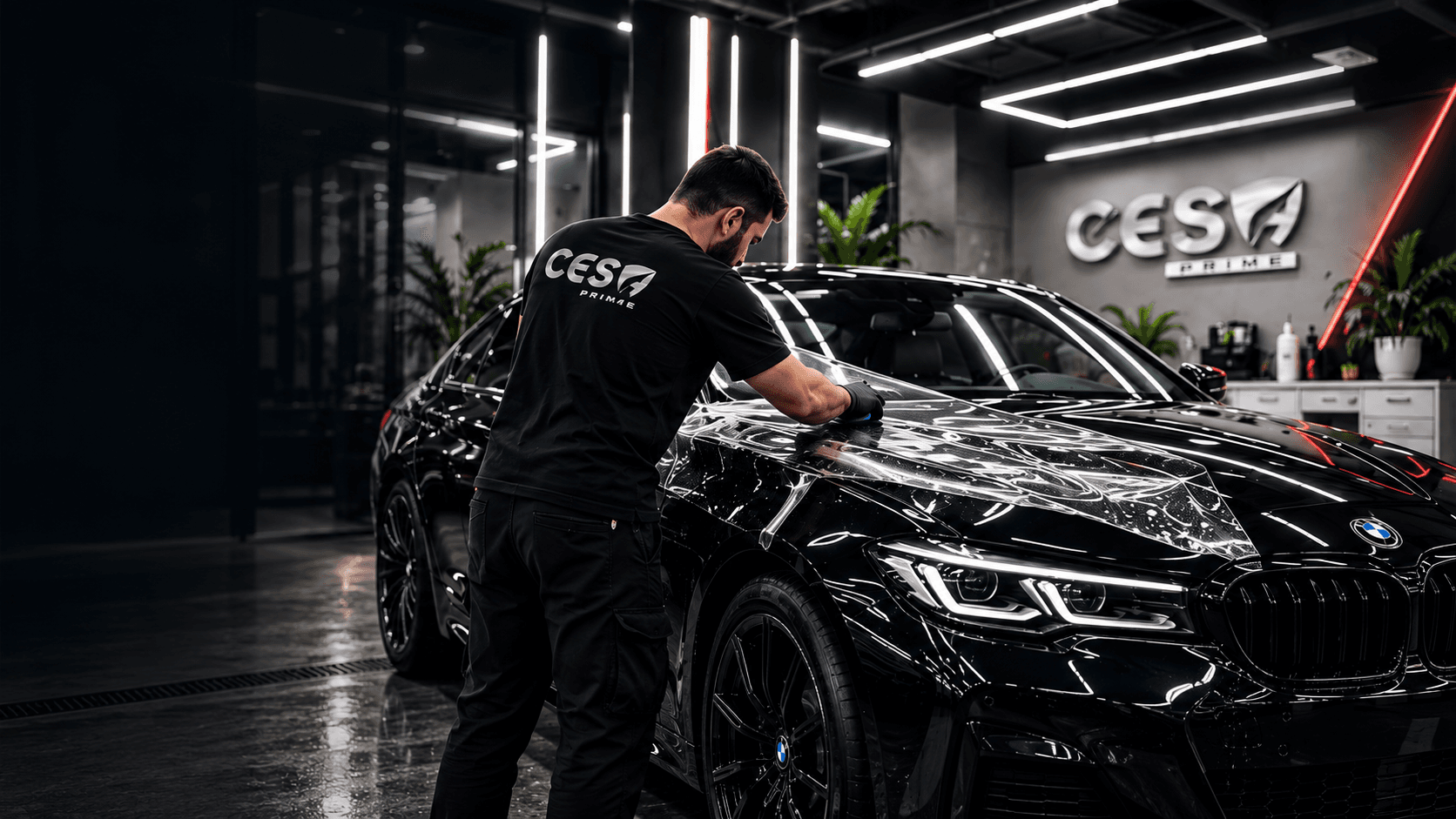 Cesa Prime uygulama stüdyosunda siyah sedan aracın kaputuna şeffaf PPF film uygulanması